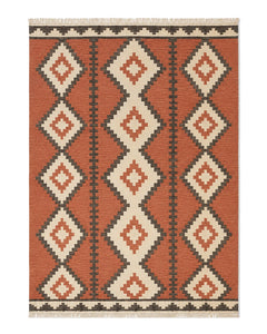 Terracotta, ivory and charcoal diamond kilim area rug for wholesale sourcing from India