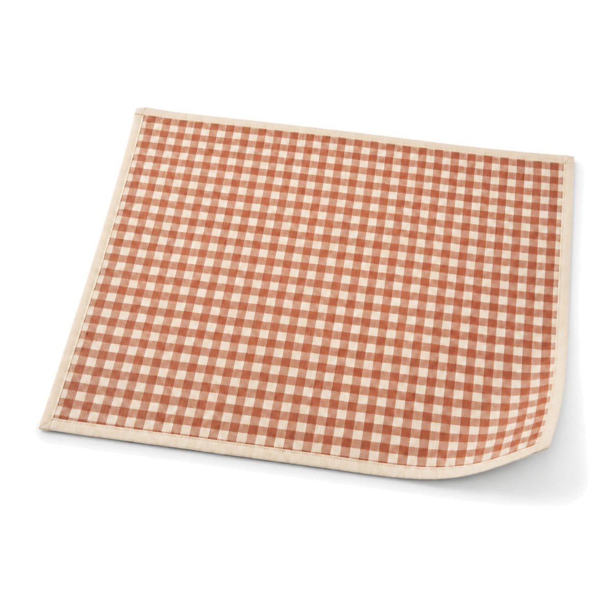 Terracotta and ivory gingham check placemat shown in a premium angled presentation, farmhouse table linen by Primeval