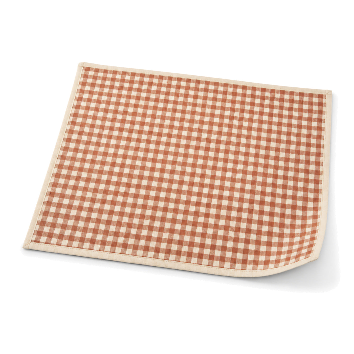 Terracotta and ivory gingham check placemat shown in a premium angled presentation, farmhouse table linen by Primeval