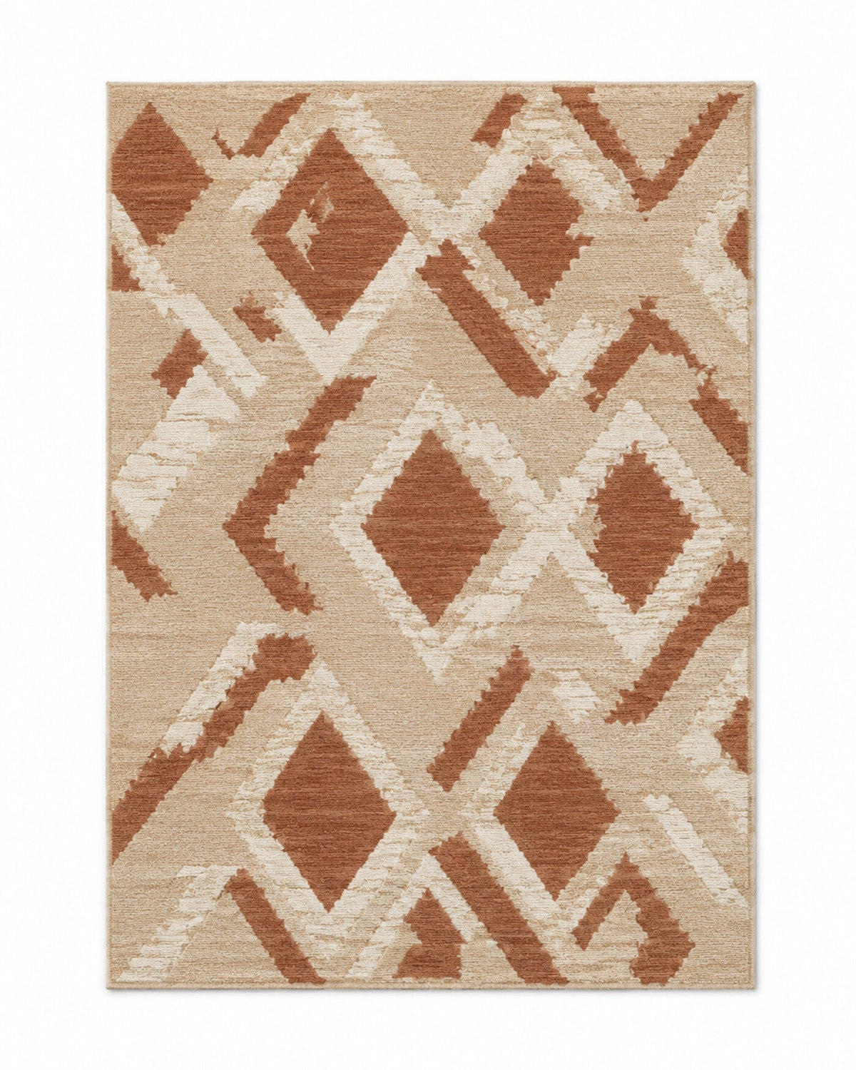Terracotta and ivory global diamond geometric area rug for wholesale and private-label sourcing from India