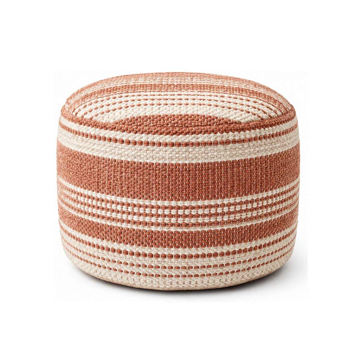 Terracotta & Ivory Multi-Stripe Knit Round Pouf Ottoman on white background