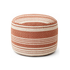 Terracotta & Ivory Multi-Stripe Knit Round Pouf Ottoman on white background