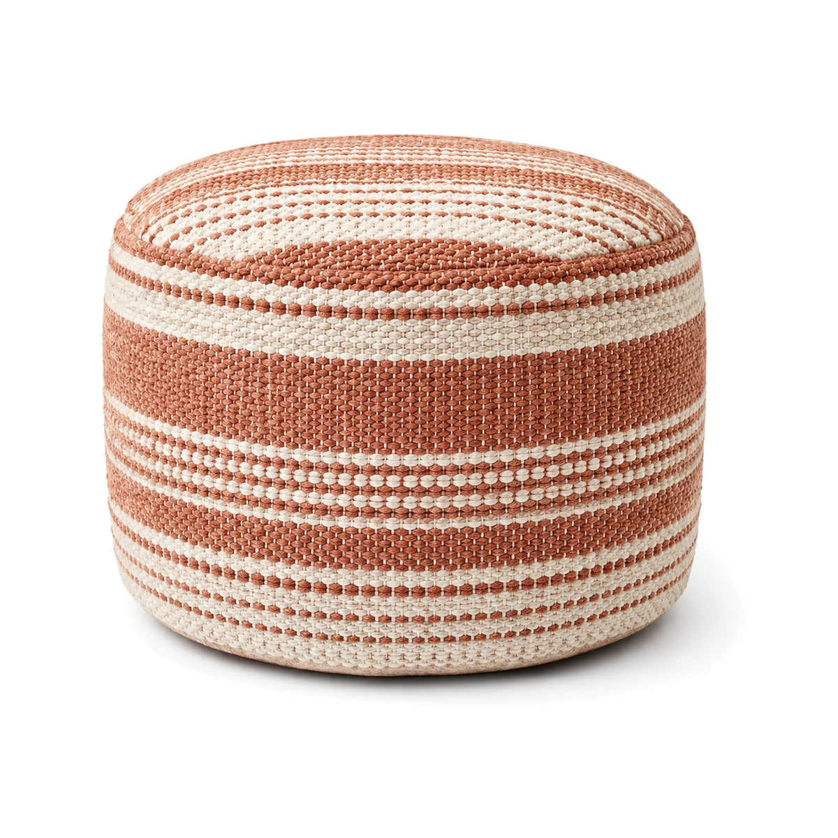 Terracotta and ivory striped round woven pouf ottoman on white background