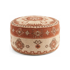 Terracotta & Ivory Vintage Kilim Round Pouf Ottoman on white background