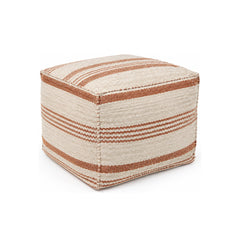 Terracotta & Ivory Woven Stripe Cube Pouf Ottoman on white background