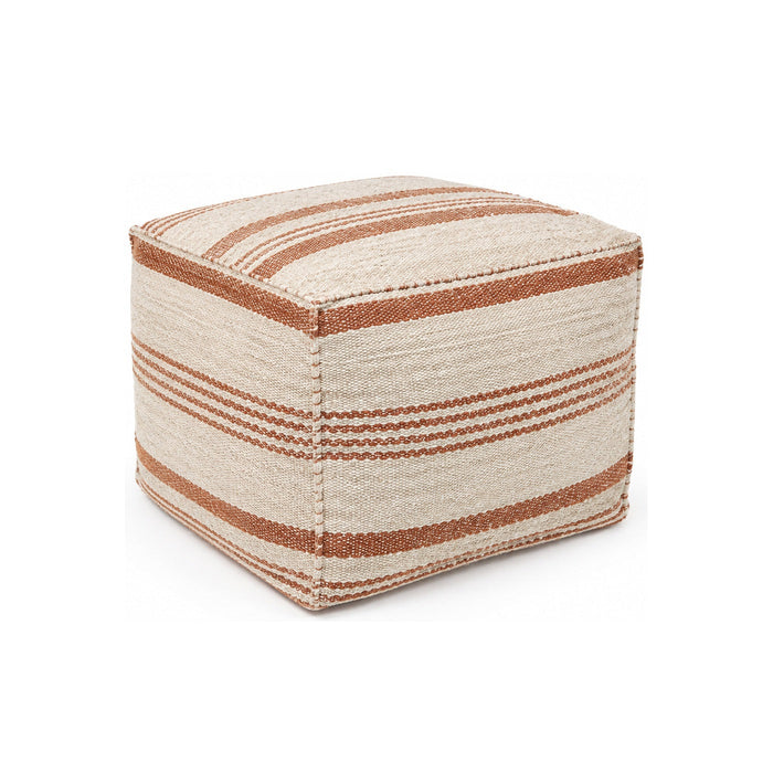 Terracotta & Ivory Woven Stripe Cube Pouf Ottoman on white background