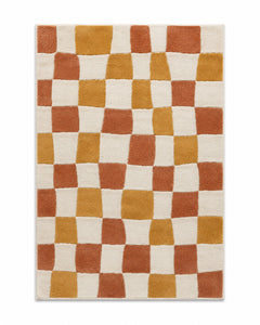 Terracotta, mustard and ivory irregular checker area rug for wholesale sourcing from India