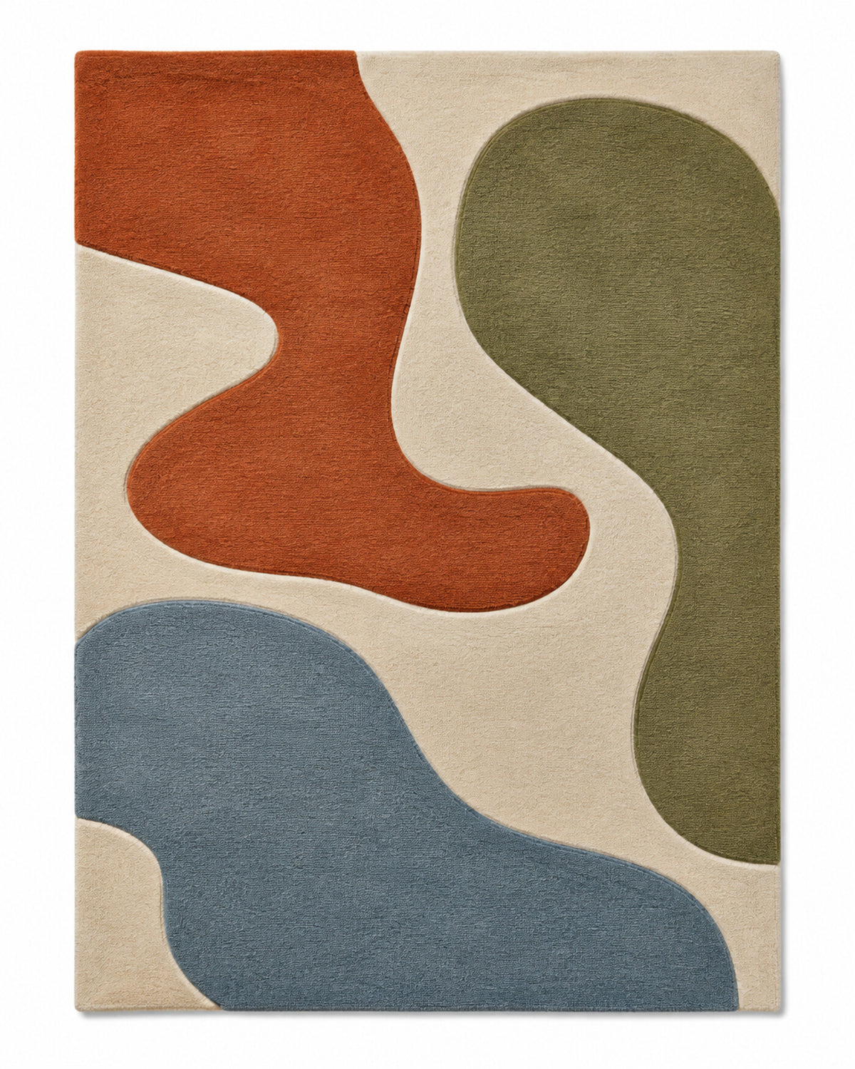 Ivory area rug with terracotta, olive green and dusty blue organic flowing shapes