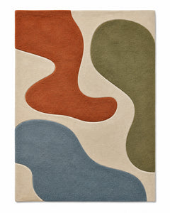 Ivory area rug with terracotta, olive green and dusty blue organic flowing shapes