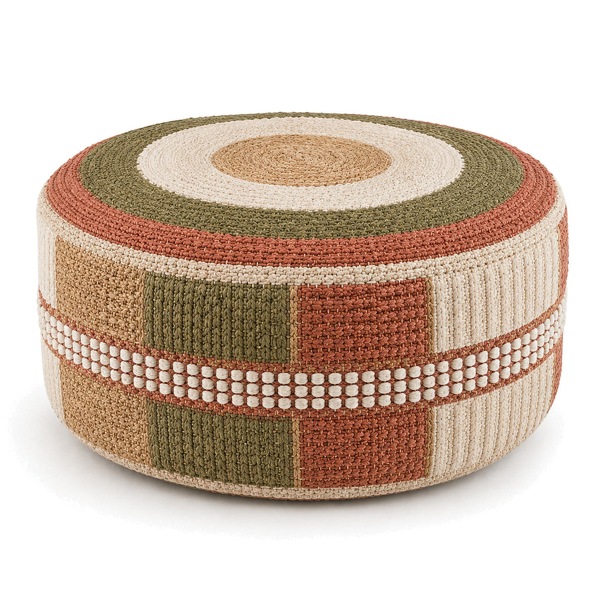 Terracotta, Olive & Natural Patchwork Woven Round Pouf by Primeval on white background