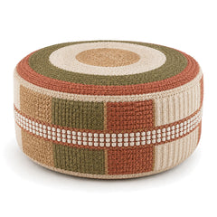 Terracotta, Olive & Natural Patchwork Woven Round Pouf by Primeval on white background