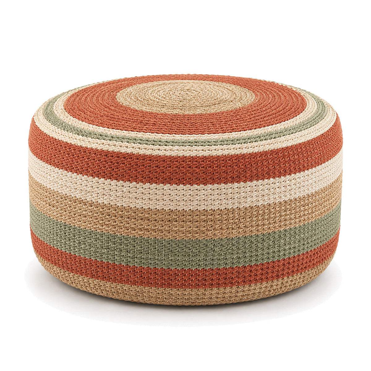 Terracotta, Sage & Cream Stripe Woven Round Pouf by Primeval on white background