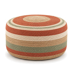 Terracotta, Sage & Cream Stripe Woven Round Pouf by Primeval on white background