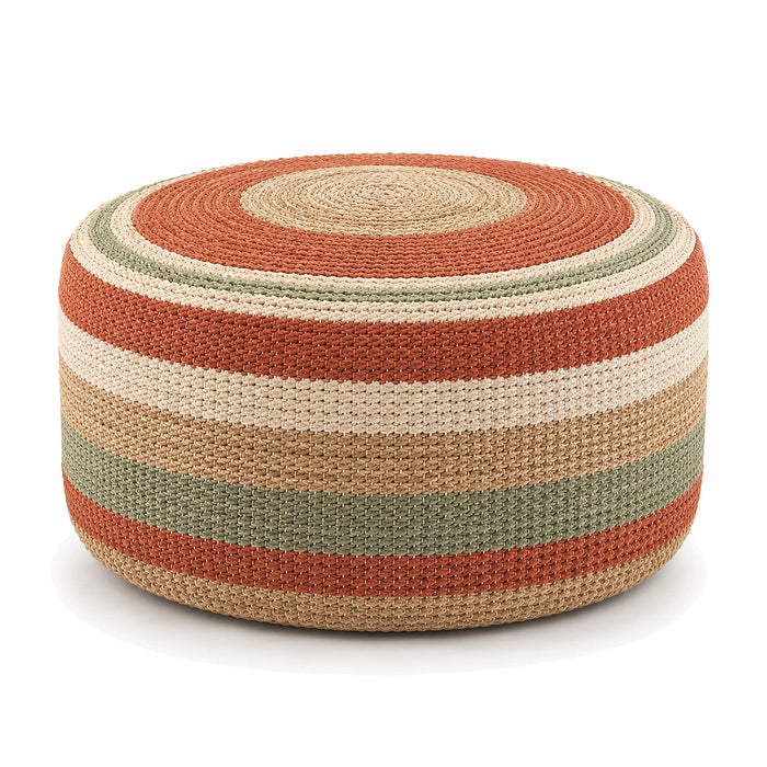 Terracotta, Sage & Cream Stripe Woven Round Pouf by Primeval on white background