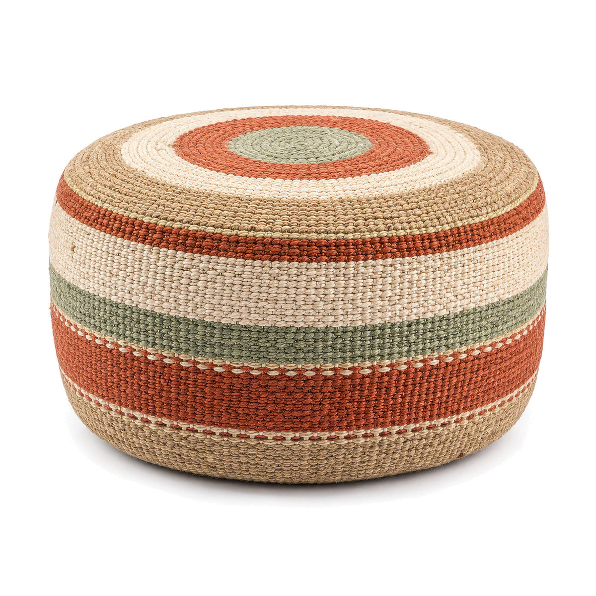 Terracotta, Sage, Cream & Natural Spiral Woven Round Pouf by Primeval on white background