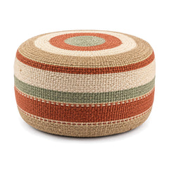 Terracotta, Sage, Cream & Natural Spiral Woven Round Pouf by Primeval on white background