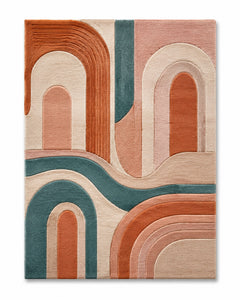 Terracotta, teal, rose and cream sculpted archway area rug for wholesale sourcing from India
