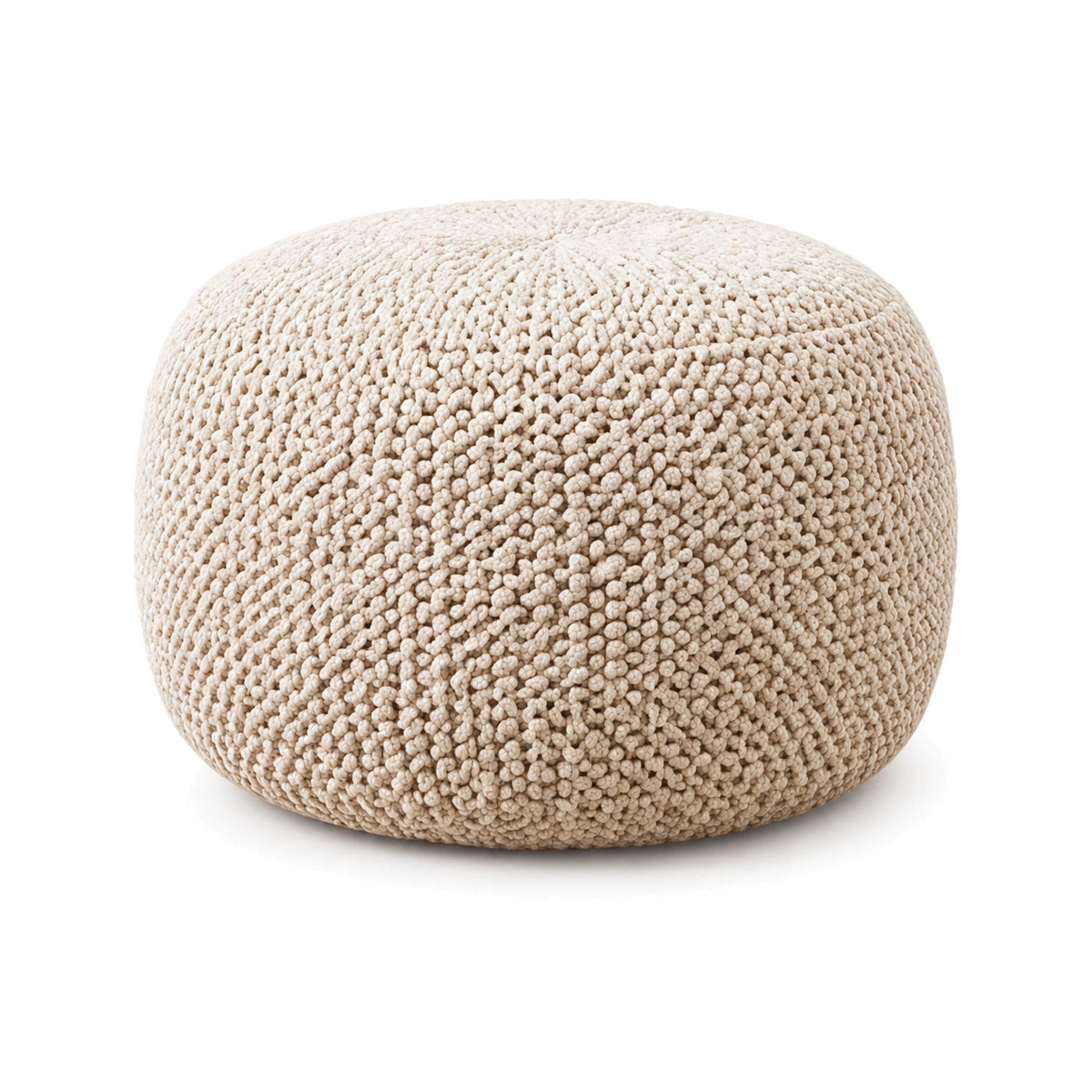 Warm beige chunky knitted round pouf ottoman on white background