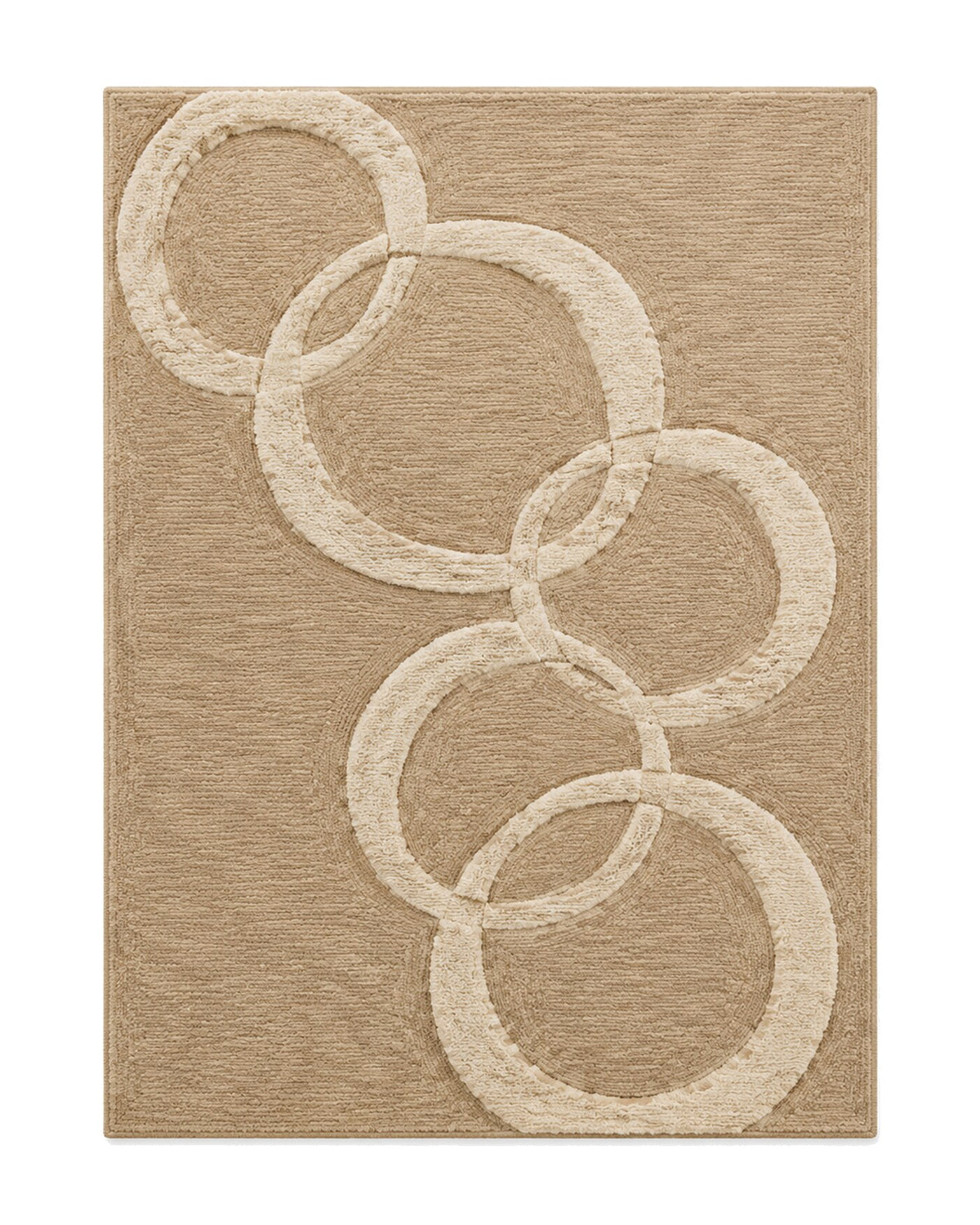 Warm beige and cream overlapping ring high-low rug for wholesale sourcing from India