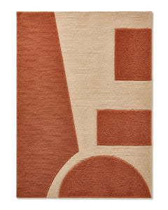 Warm beige and terracotta geometric block area rug for wholesale sourcing from India