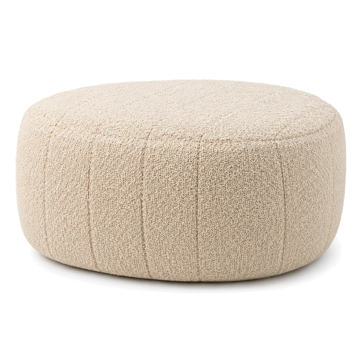 Warm Cream Bouclé-Style Channel Round Pouf Ottoman by Primeval on white background