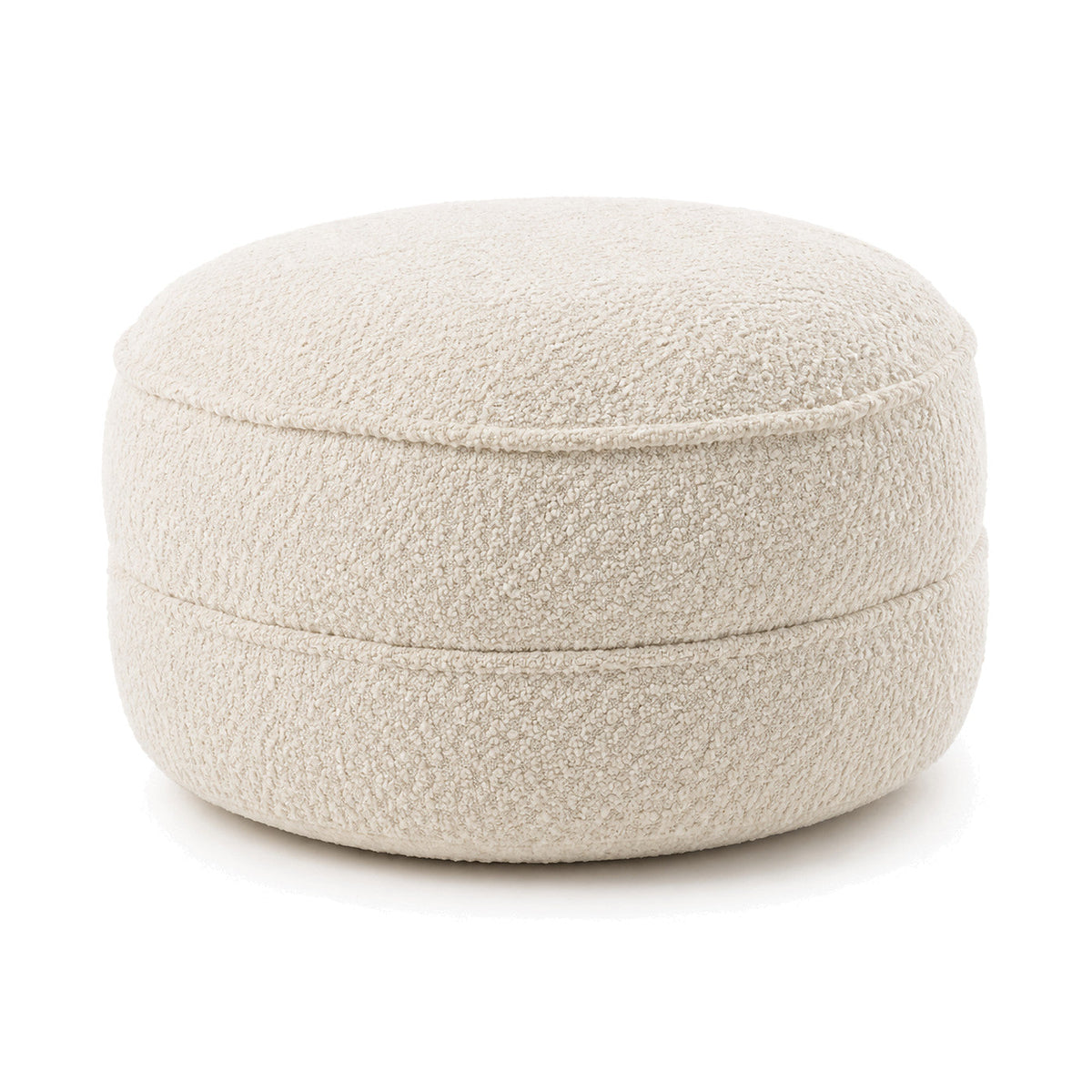 Warm Cream Bouclé Layered Round Pouf Ottoman by Primeval on white background