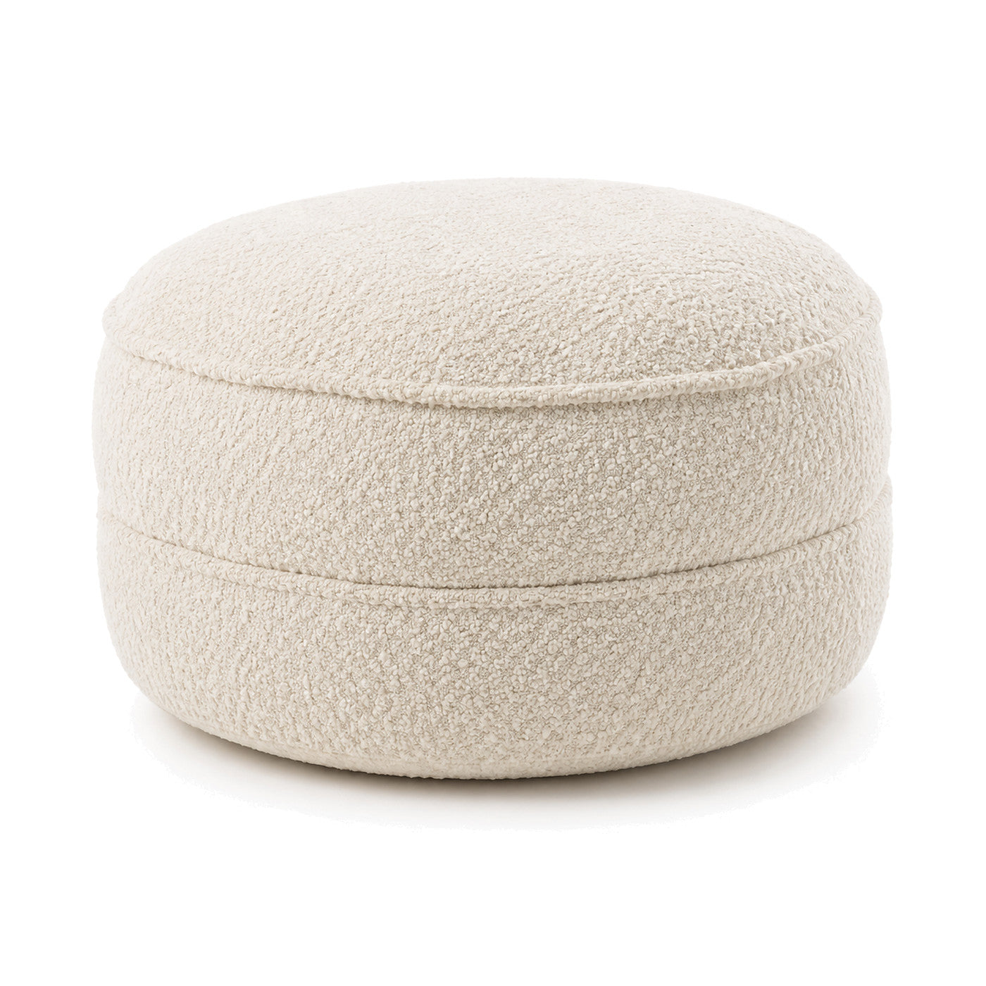 Warm Cream Bouclé Layered Round Pouf Ottoman by Primeval on white background