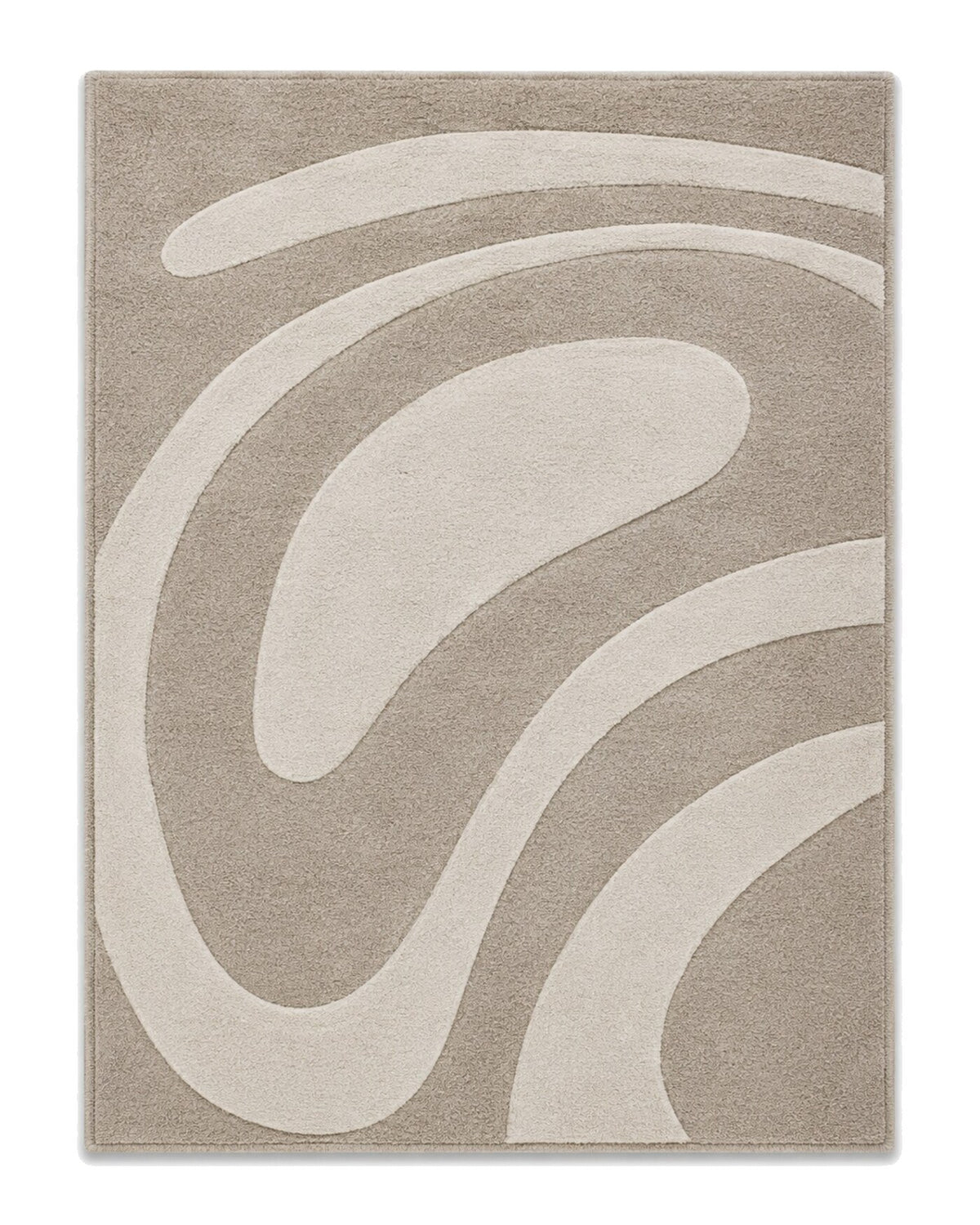 Warm greige and ivory sculpted high-low arc rug for wholesale sourcing from India