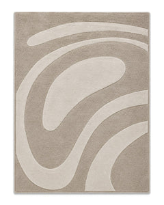 Warm greige and ivory sculpted high-low arc rug for wholesale sourcing from India