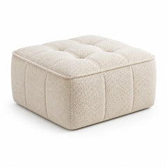 Warm Ivory Bouclé Button-Tufted Square Pouf Ottoman on white background