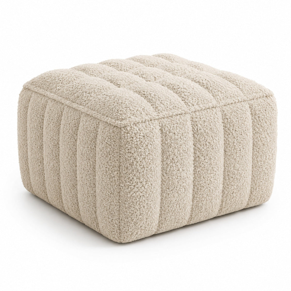 Warm Ivory Bouclé Channel-Tufted Cube Pouf Ottoman on white background