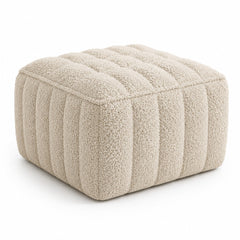 Warm Ivory Bouclé Channel-Tufted Cube Pouf Ottoman on white background