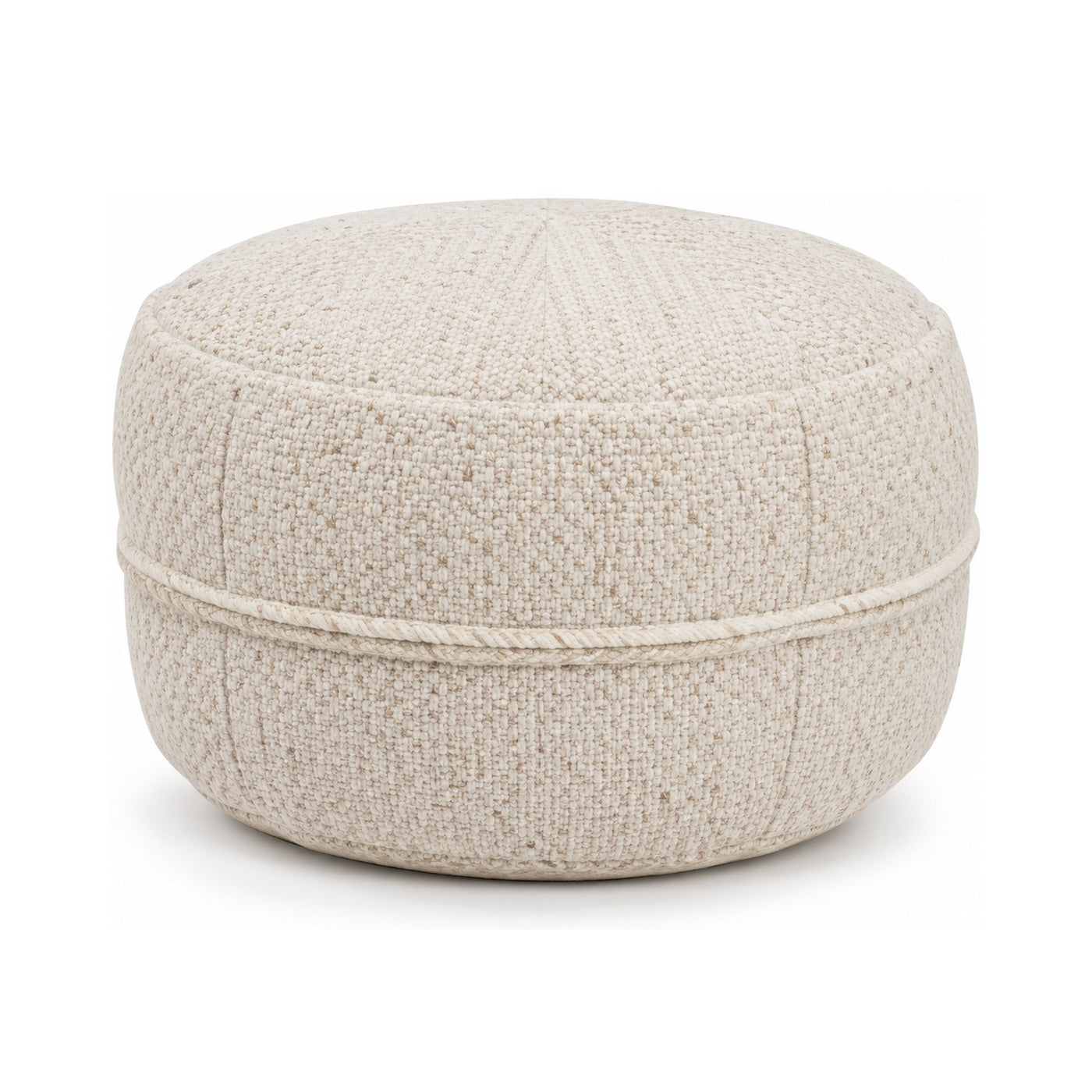 Warm Ivory Bouclé Piped Round Pouf Ottoman on white background