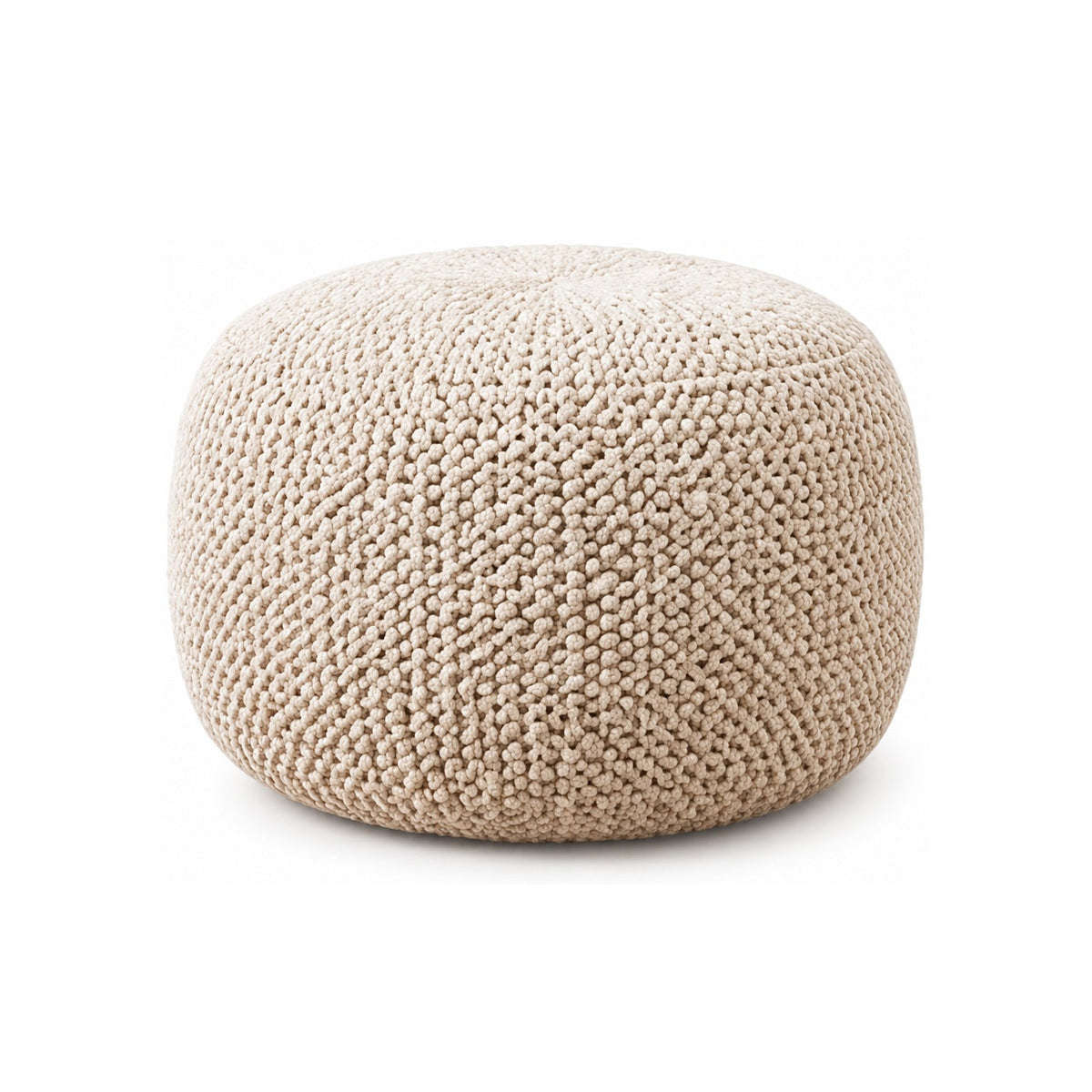 Warm Ivory Chunky Knit Round Pouf Ottoman on white background