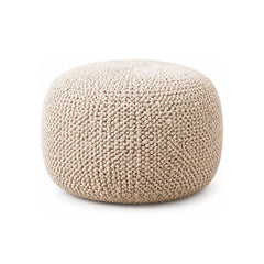 Warm Ivory Chunky Knit Round Pouf Ottoman on white background