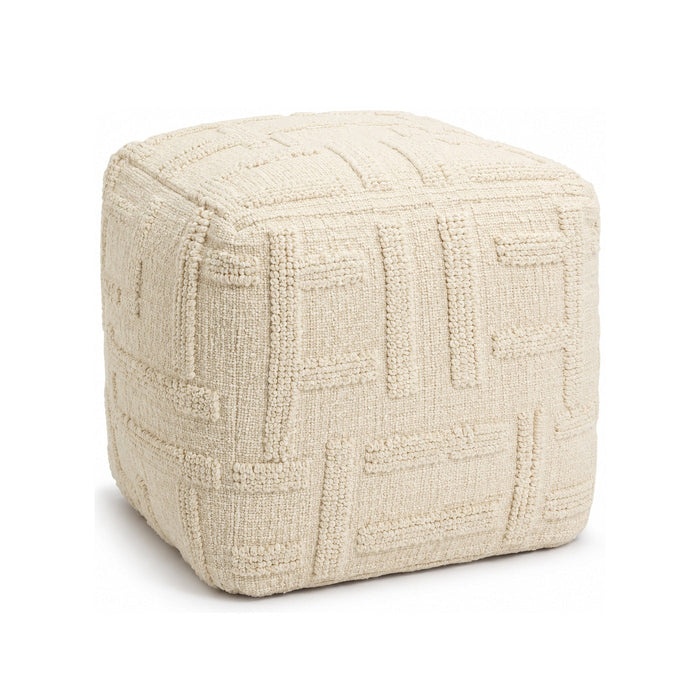 Warm Ivory Tonal Maze Textured Cube Pouf Ottoman on white background