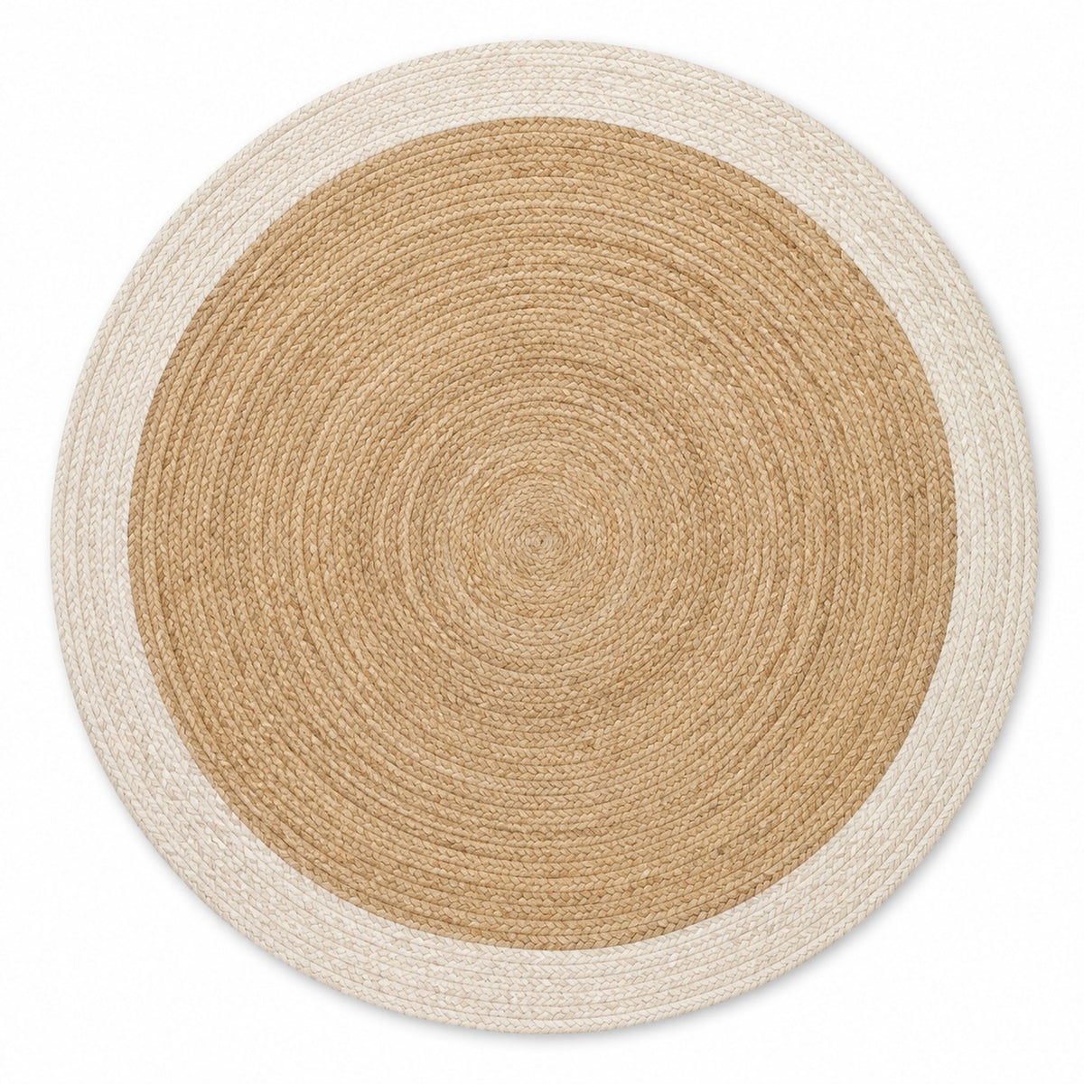 Warm natural jute round rug with off-white braided border for wholesale buyers